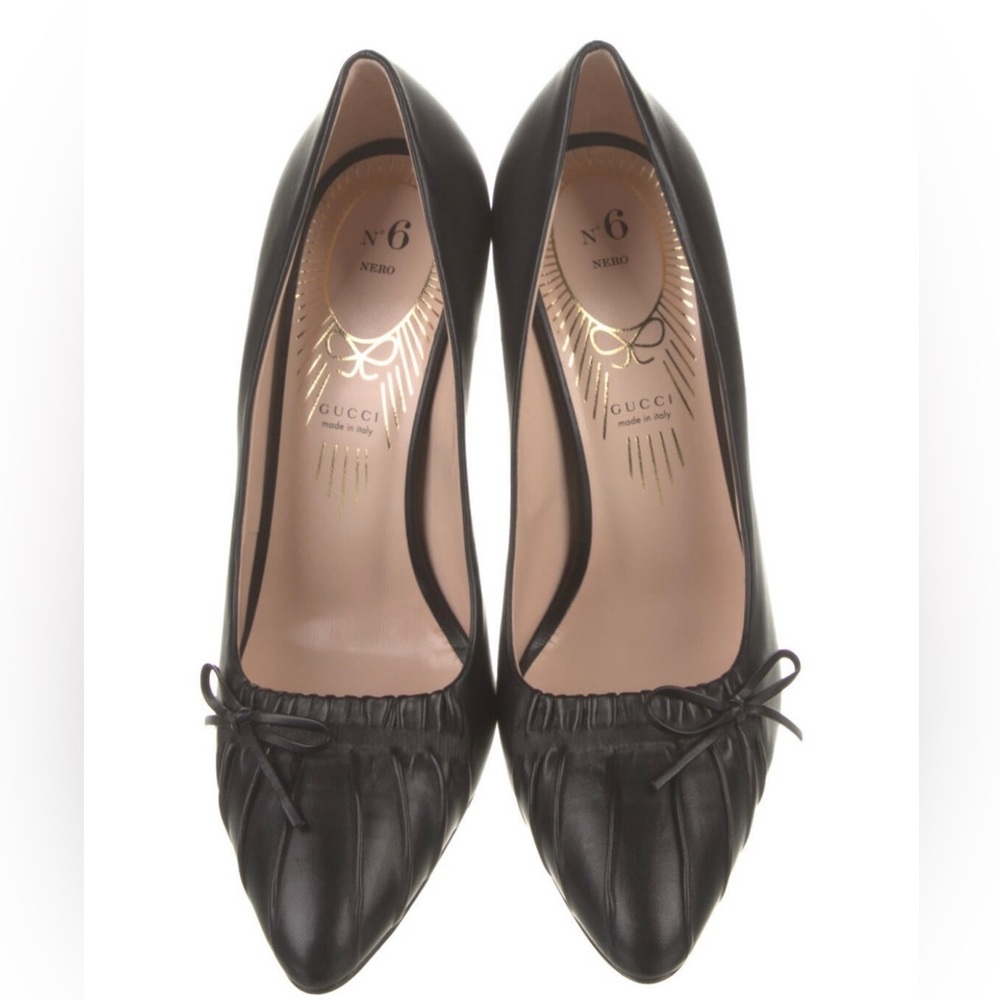 GUCCI Black Nappa Charlotte Bow Top Leather Pump High Heels